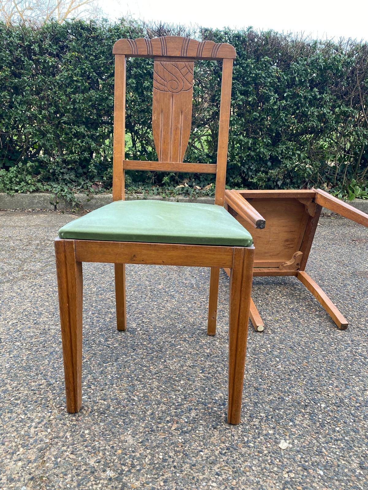 2 art deco dining room chairs in solid wood and green leather