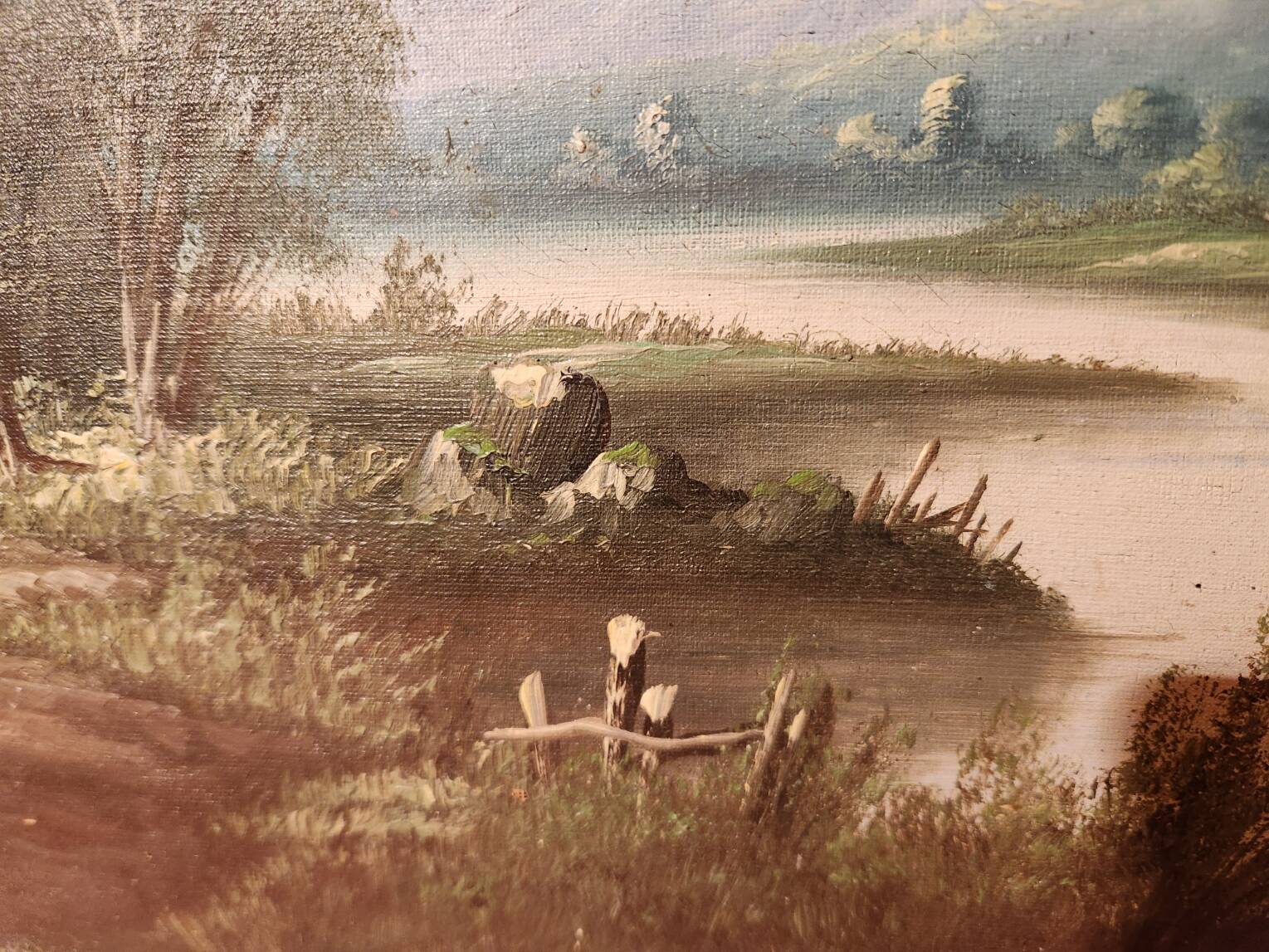 Old painting Oil on canvas Animated lake landscape signed Henry