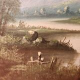 Old painting Oil on canvas Animated lake landscape signed Henry