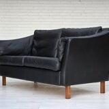 1970s, Danish 2-seater sofa, original black furniture leather, teak wood.