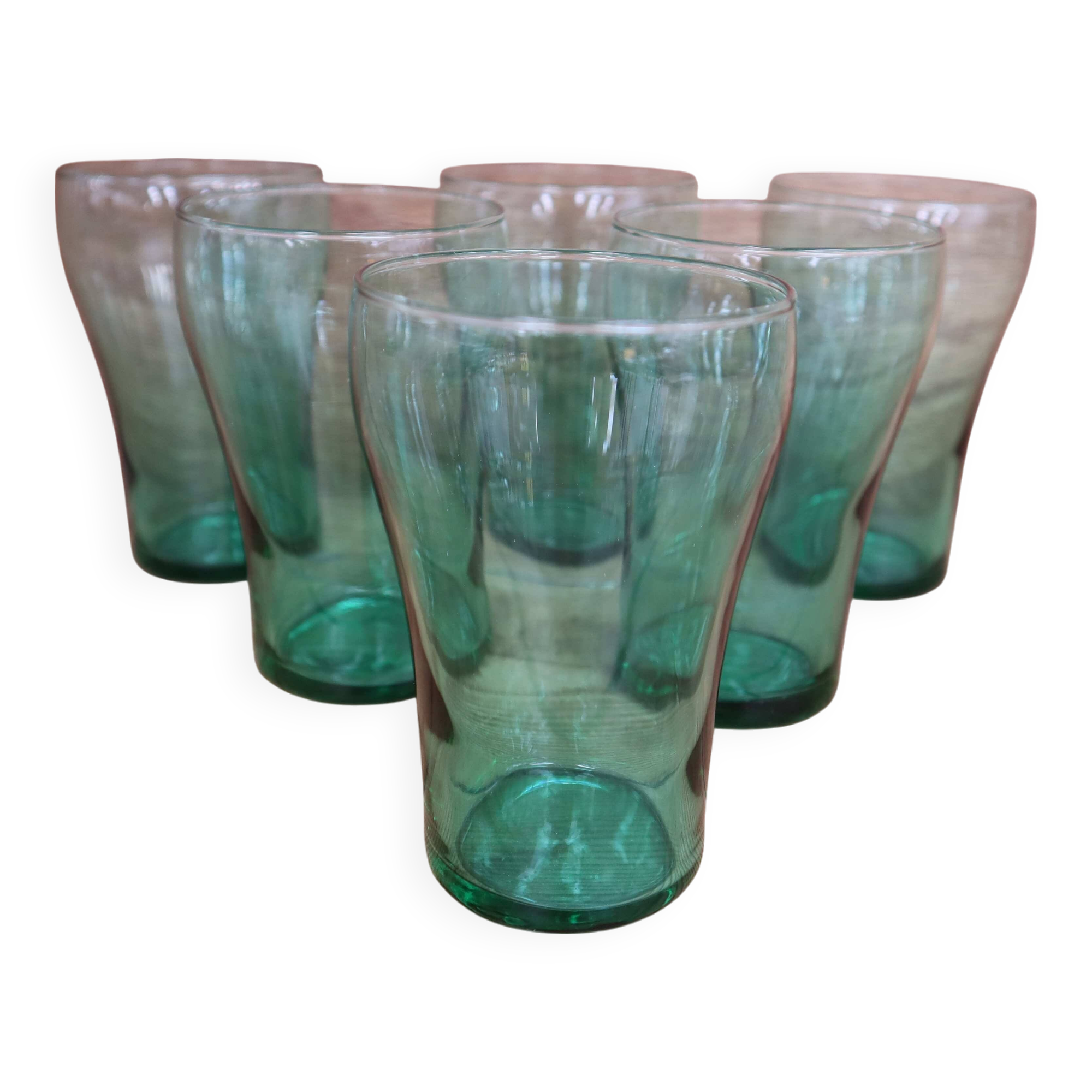 Set of 6 green glass glasses 1970