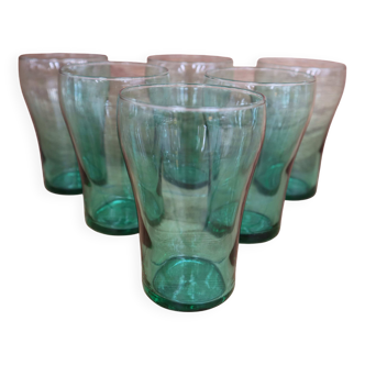 Set of 6 green glass glasses 1970