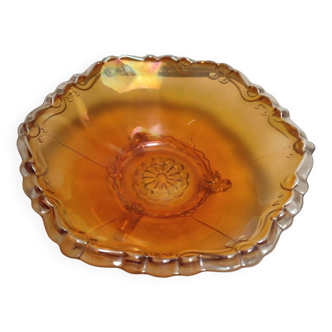 Carnival glass style iridescent amber glass cup