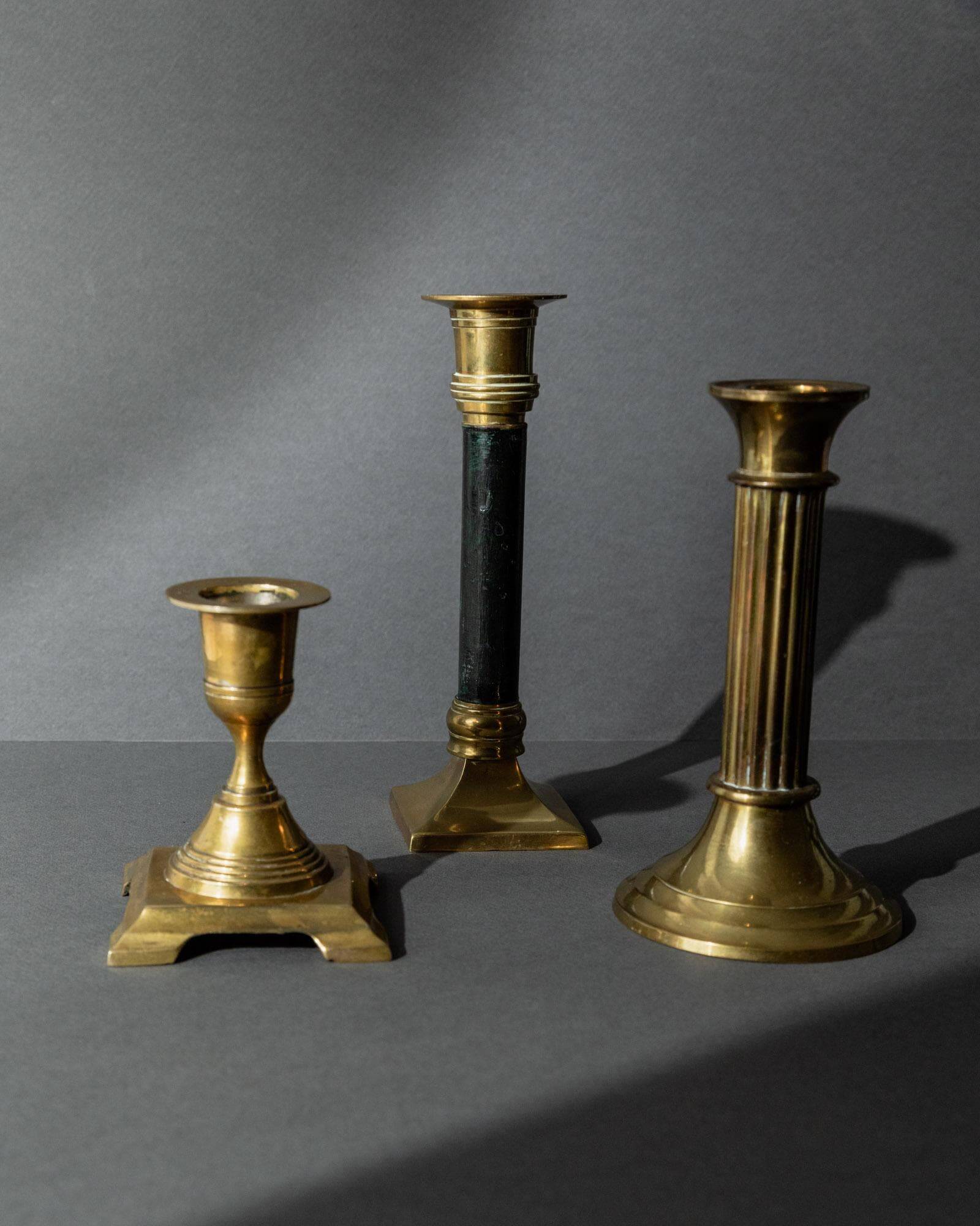 Lot of 3 vintage brass candlesticks from the 1940s, various shapes, classic antique design, retro table decoration, elegant gift idea.