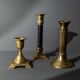 Lot of 3 vintage brass candlesticks from the 1940s, various shapes, classic antique design, retro table decoration, elegant gift idea.