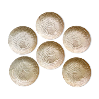 Set of 6 village stoneware plates with fish motif