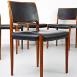 Set of 6 wooden Dining Chairs with black Leather, 1960