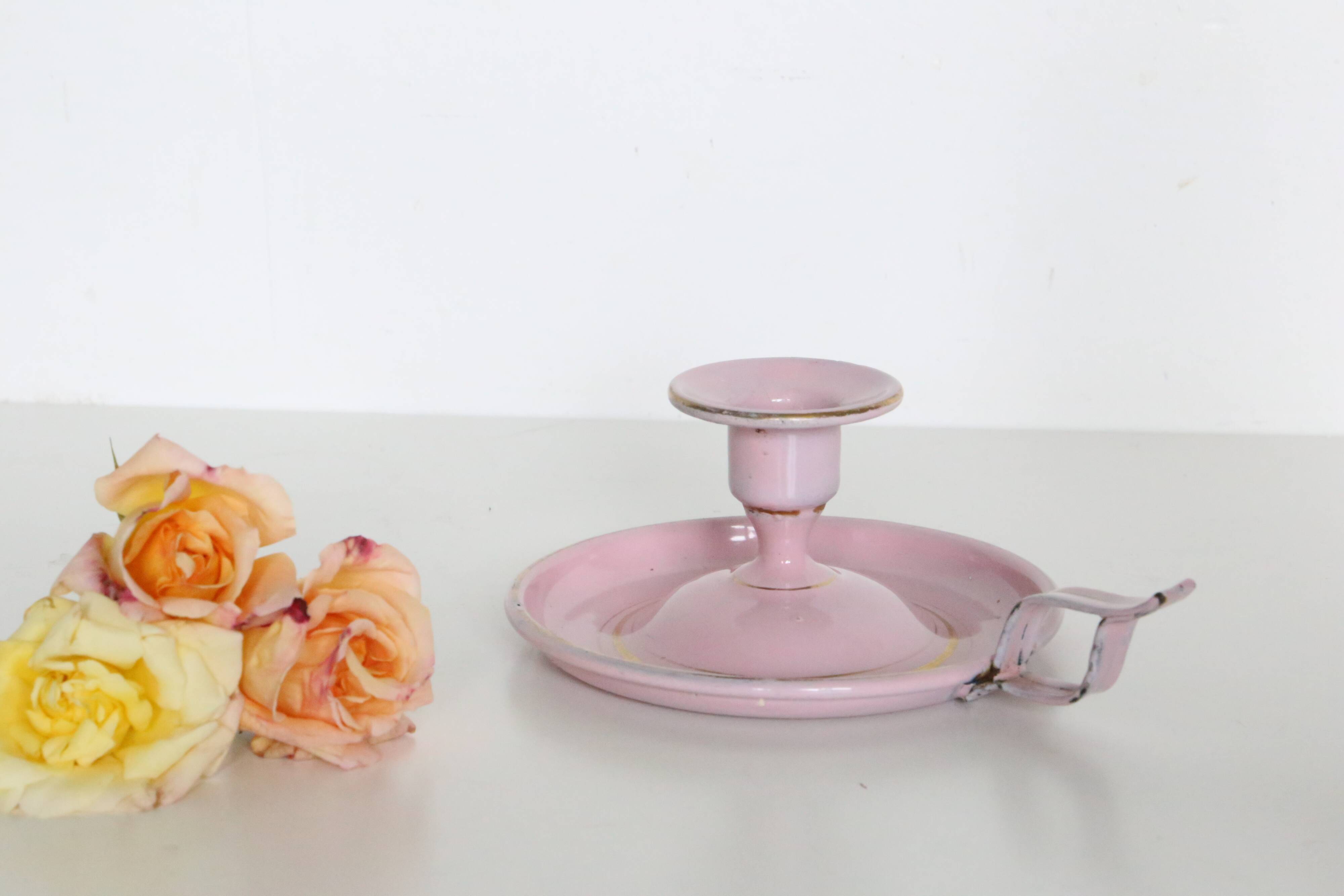 Pink cellar rat candleholder, enamelled metal, vintage