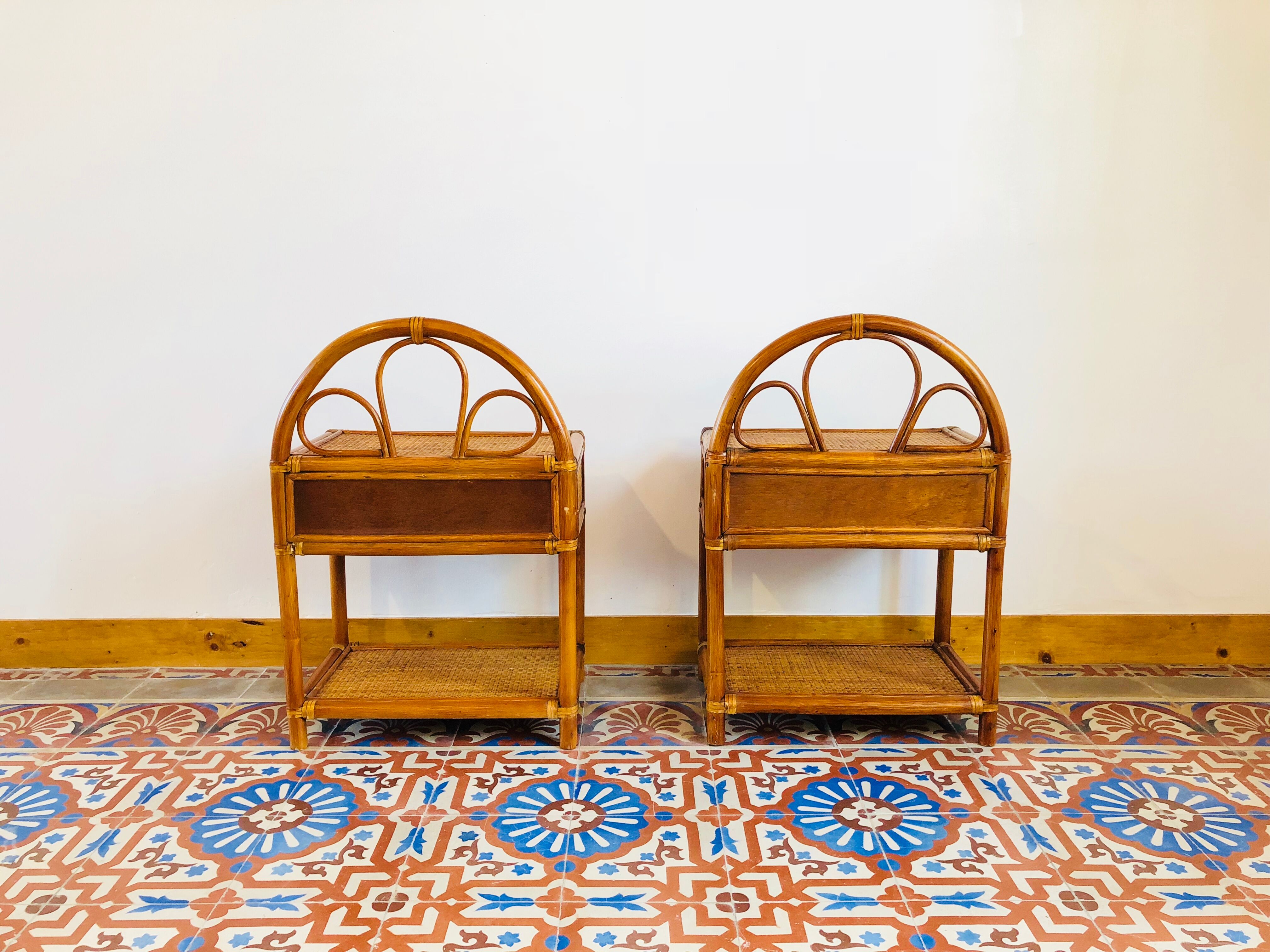 Pair of bamboo and rattan bedside tables
