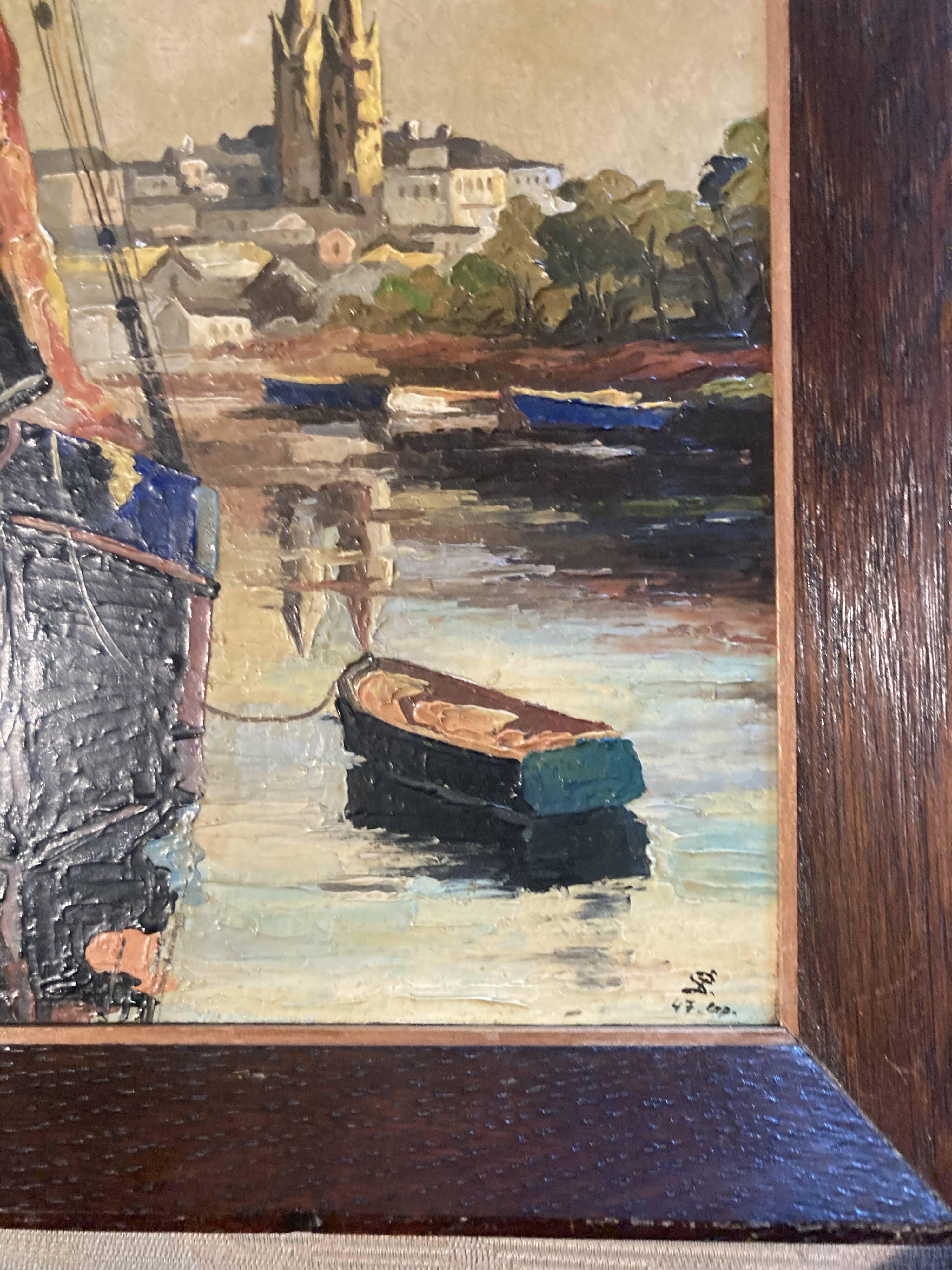 framed signed oil painting of Quimper on the Odet, regionalist, Brittany tableau