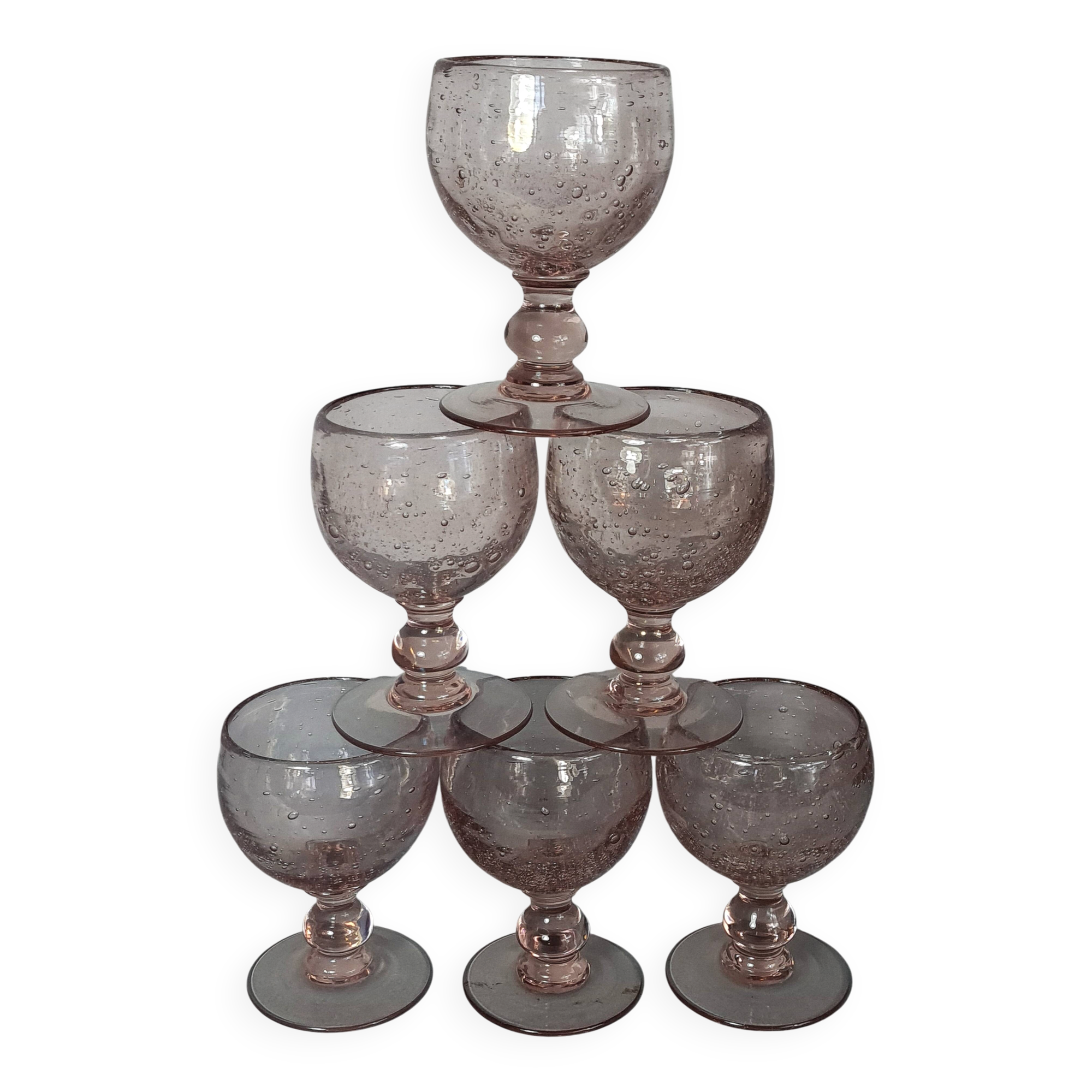 Biot 6 blown bubble glasses, small Balloon model, amethyst colour SD207.