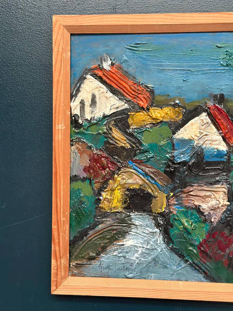 Original Swedish Oil on Panel – "Village Scene (Thick Impasto)" – Signed – Vintage and Framed
