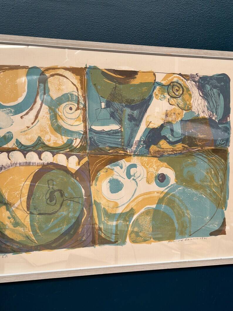 Large Original Swedish Graphic Sheet – "Composition" by Thormod Larsen – 1971 – Vintage and Framed – 79 × 59 cm (31.1" × 23.2")