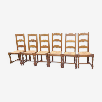 Set of 6 wooden straw chairs