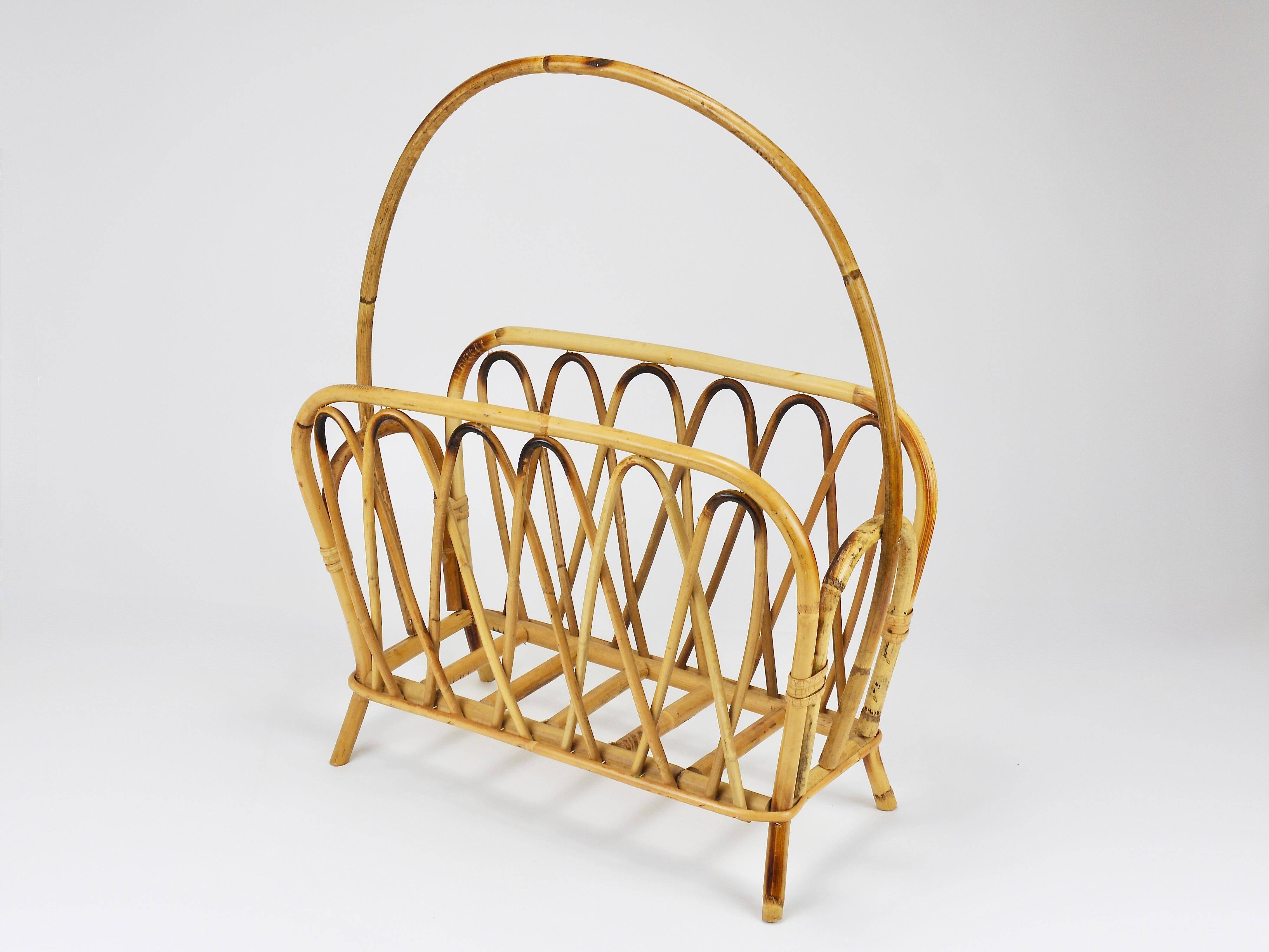 Bamboo and rattan magazine rack in the style of Franco Albini, Italy, 1970s.