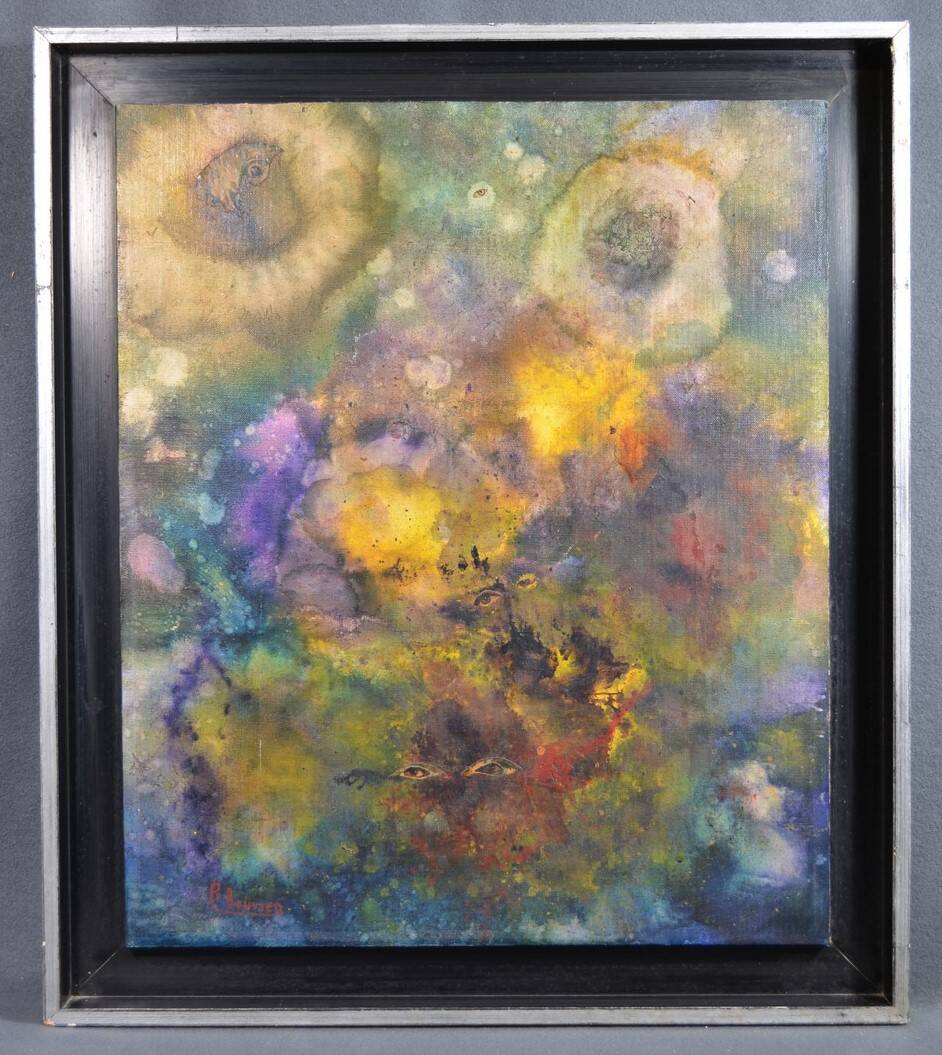 R. Bouvier (20th century) Surrealist composition Signed mounted canvas