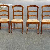 4 Louis XV chairs in solid oak and straw with shell sculptures