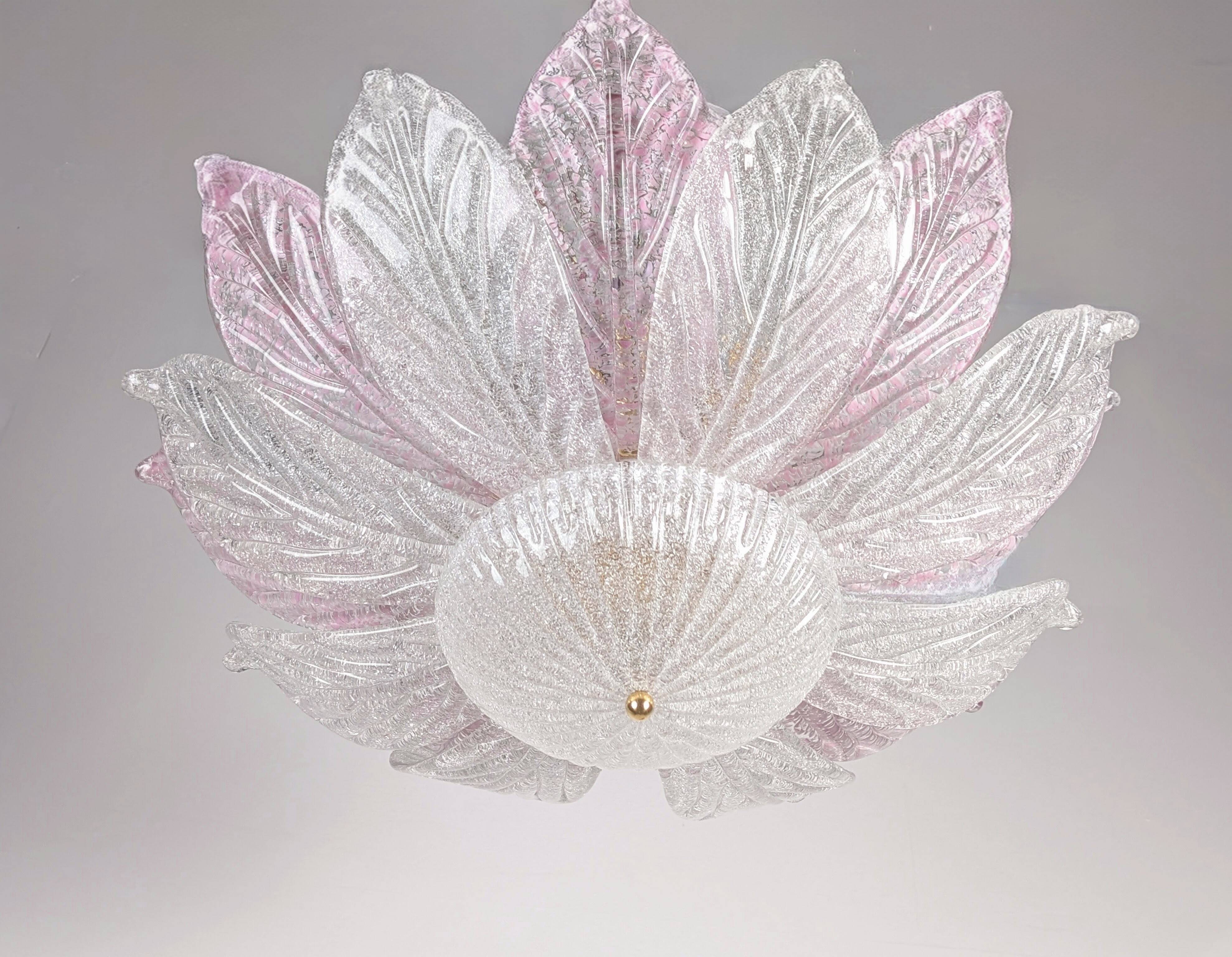 Large Murano Ceiling Lamp in Pink and White Glass, Italy, 1970s