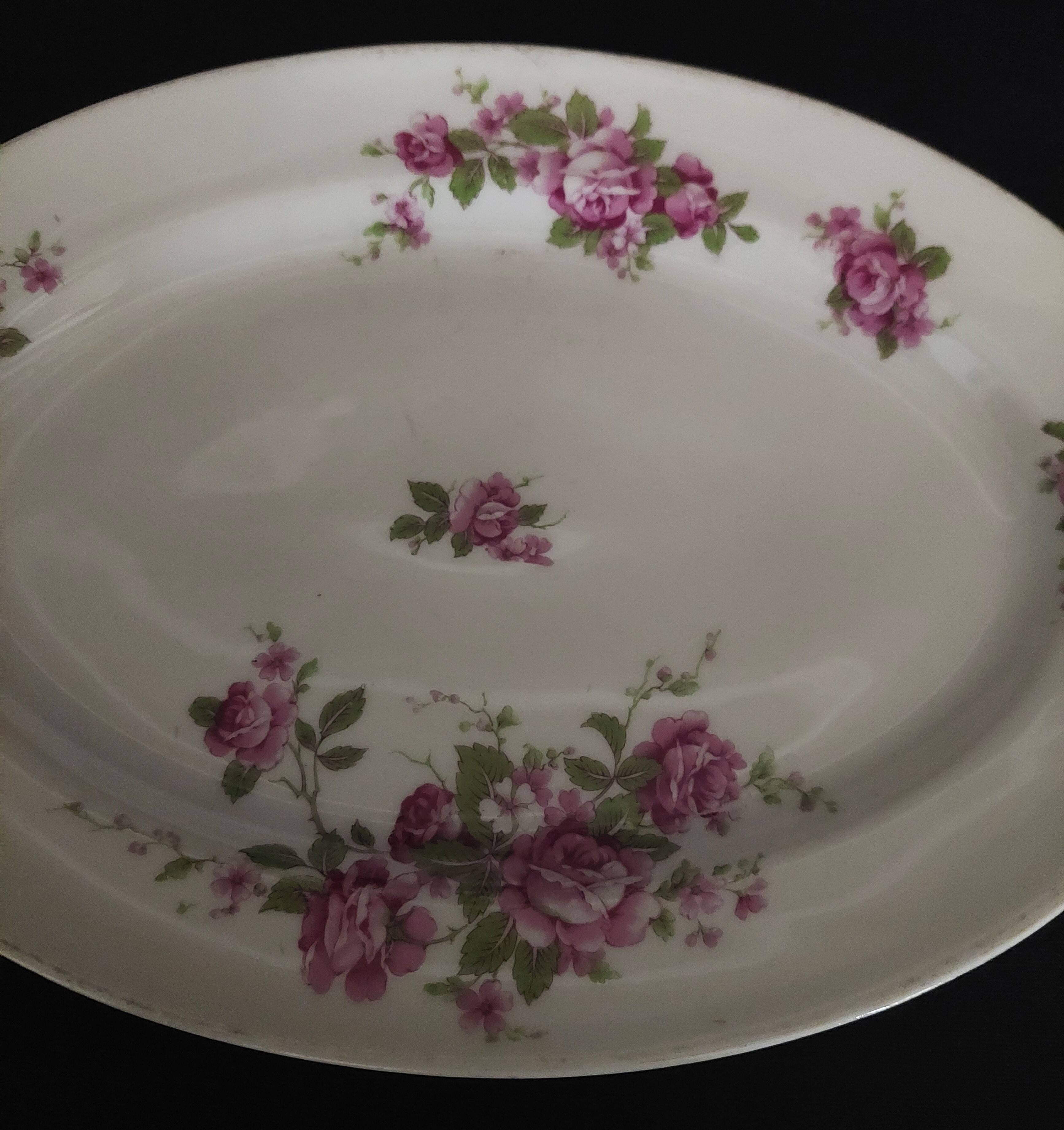 Oval porcelain serving dish decorated with roses MF Limoges