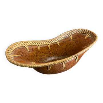 Vide Poche Ancien Terre Cuite Marron Moucheté + Contour Rotin Vintage