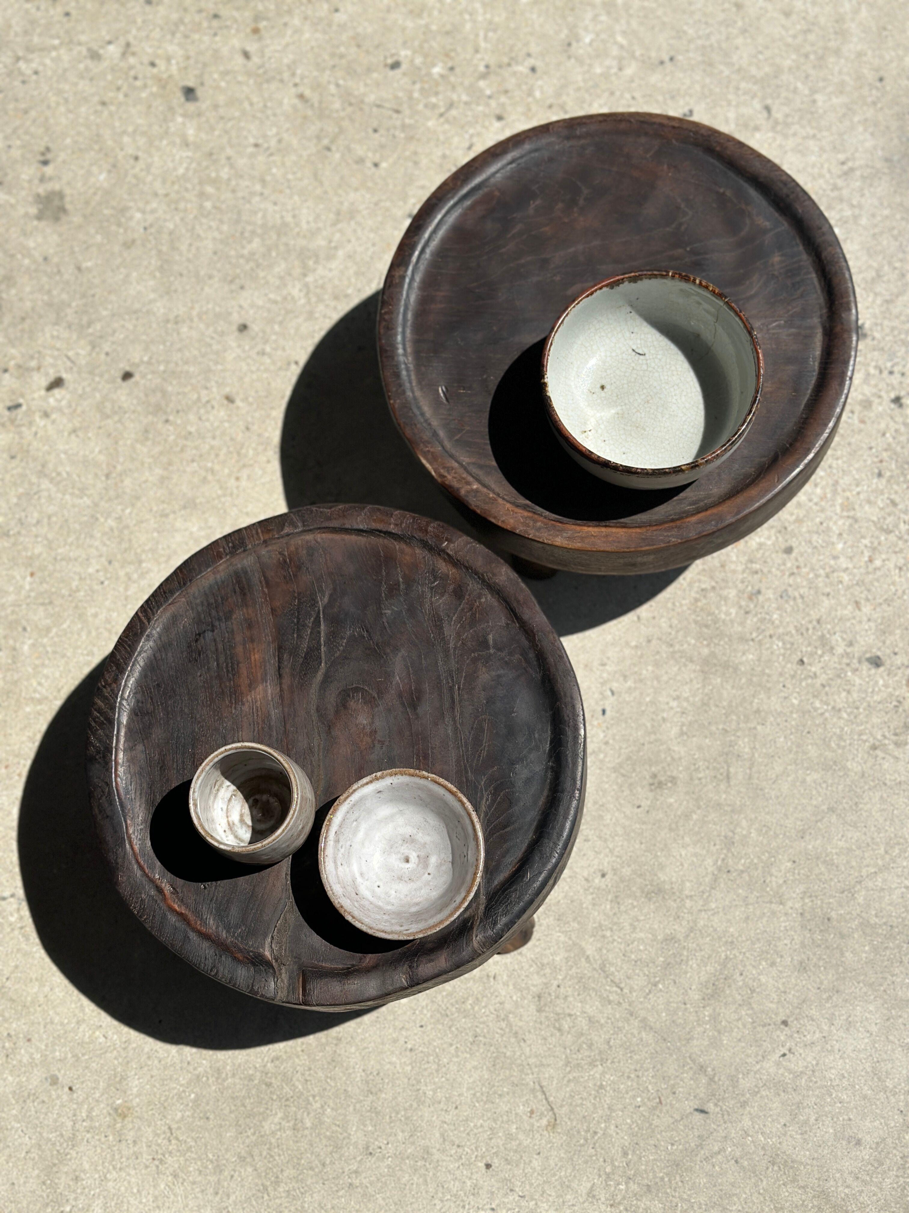 Small tripod stool low in dark brown upcycled teak