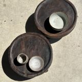 Small tripod stool low in dark brown upcycled teak