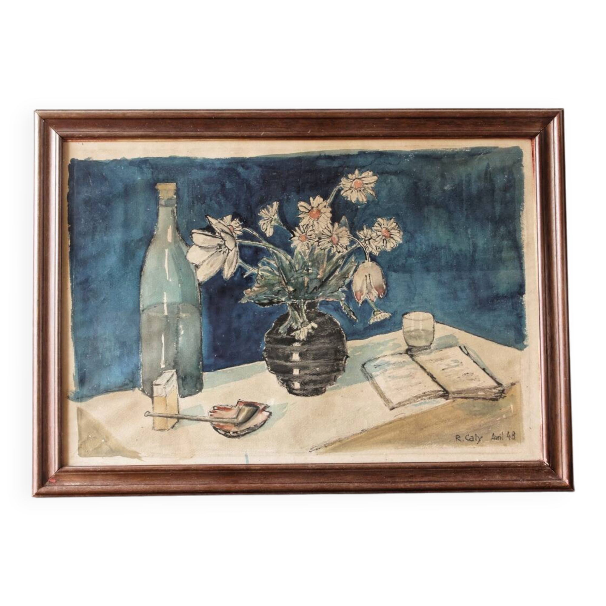 Cubist still life with bouquet, signed R. Caly 1948