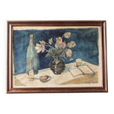Nature morte cubiste au bouquet, signée R. Caly 1948