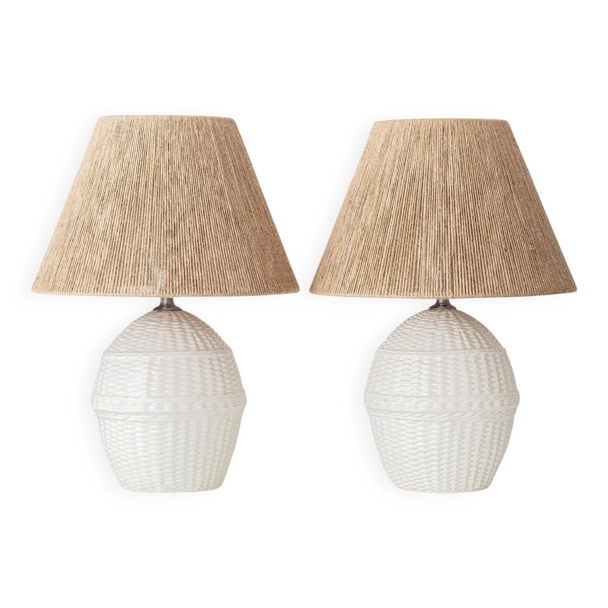 Pair of white ceramic table lamps with faux wicker texture, Spanish coastal design, 1970s
