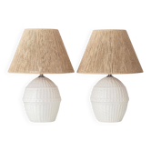 Pair of white ceramic table lamps with faux wicker texture, Spanish coastal design, 1970s
