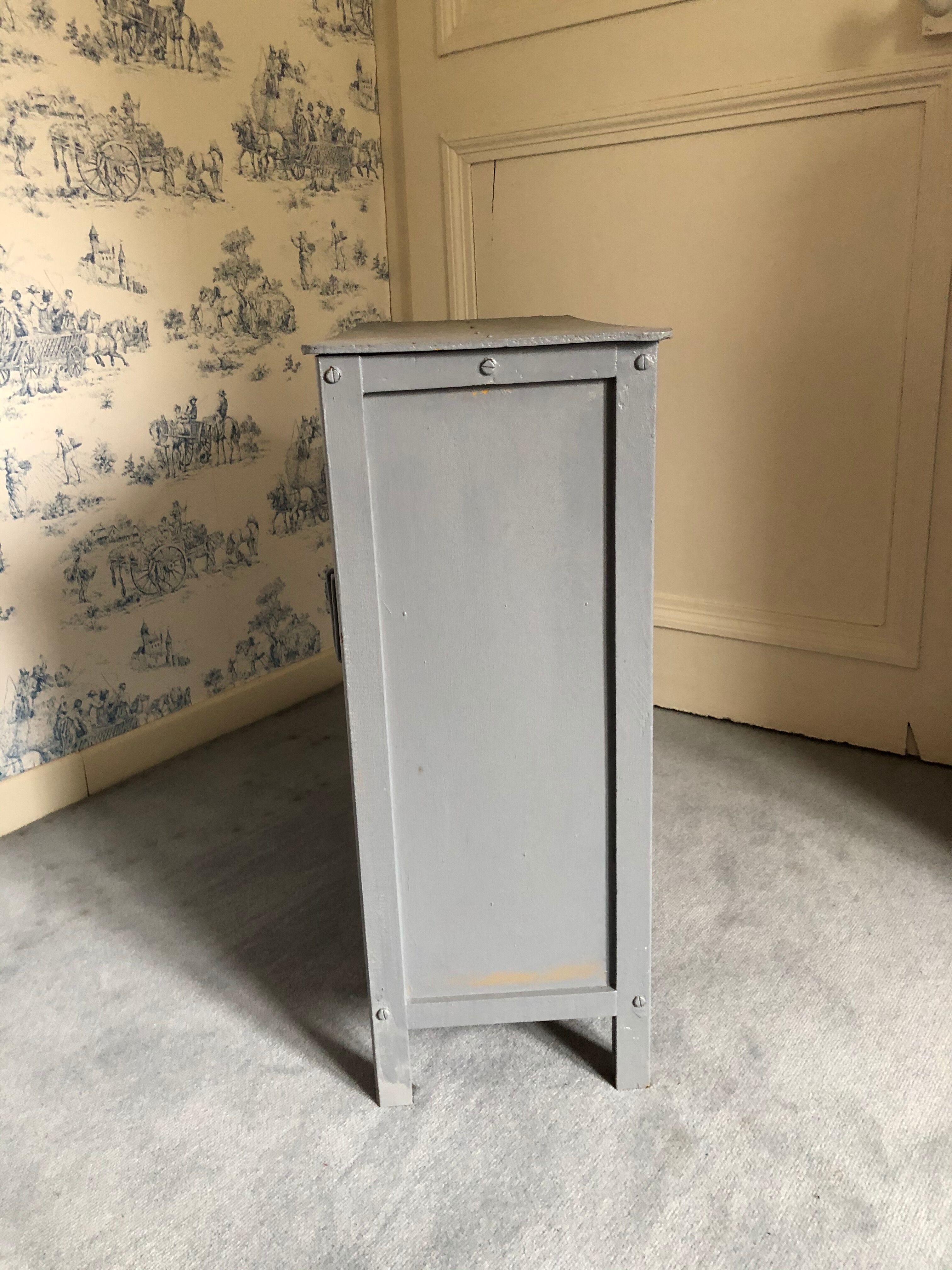 Two-door doll cabinet - grey and vintage blue painted wooden rod