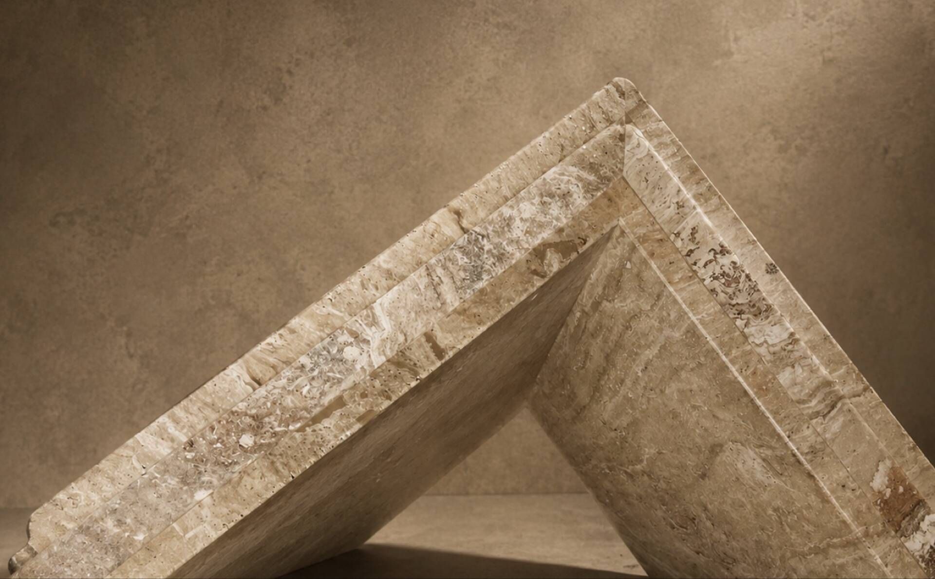 Dining table in travertine and smoked glass.