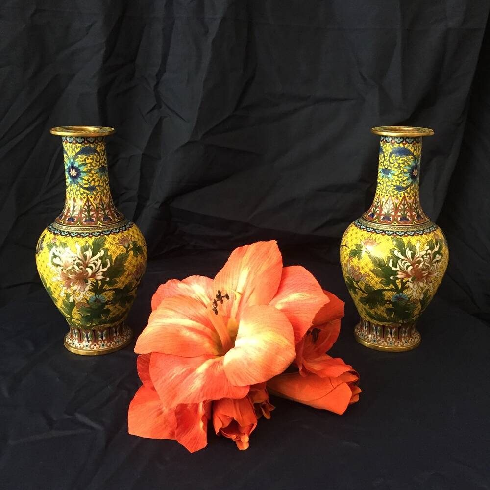 Pair of cloisonne enamel vases with japanese floral decor