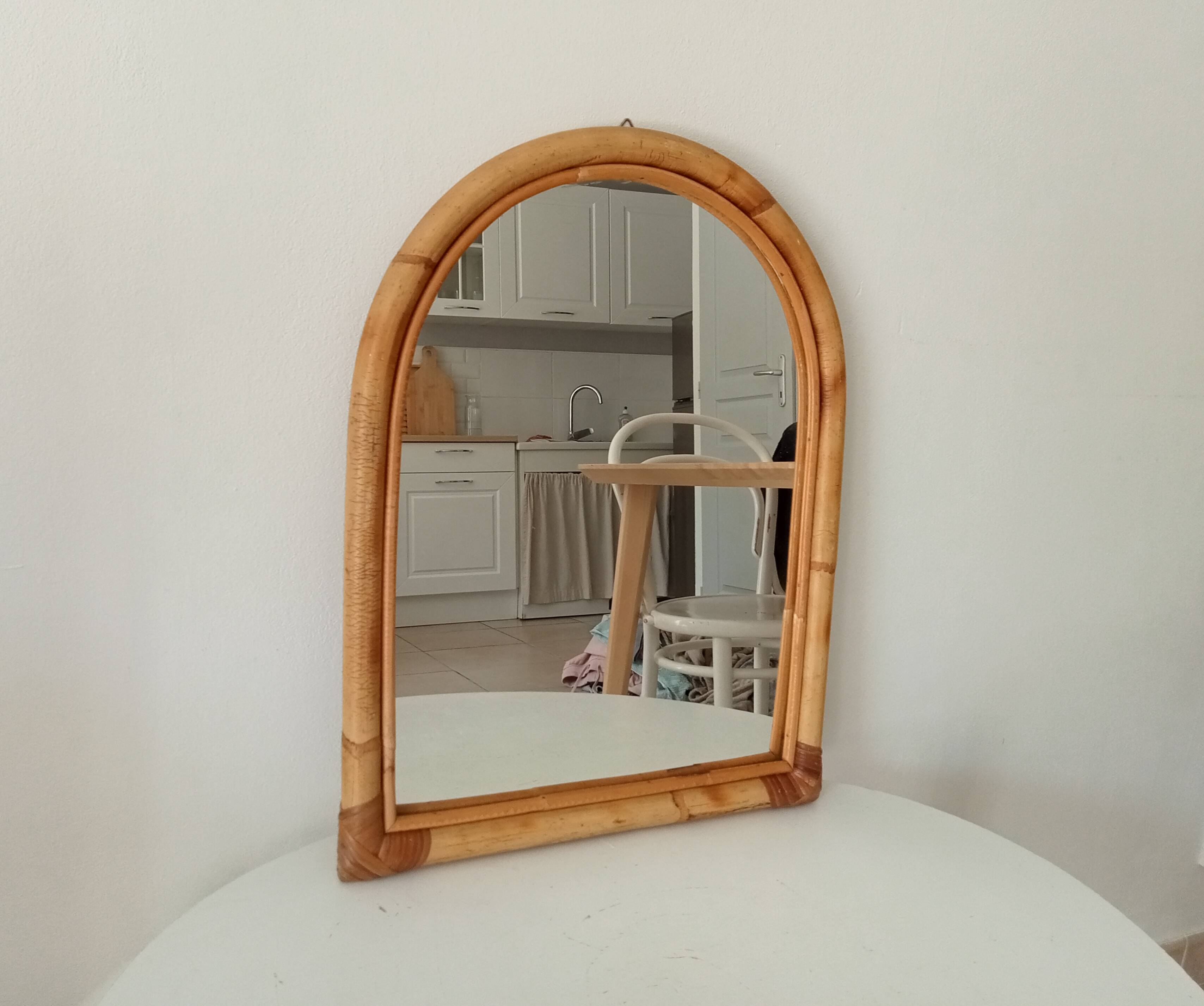 Vintage bohemian arch mirror in bamboo and rattan