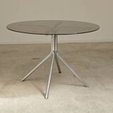 Round table in smoked glass and chrome metal from the 70s