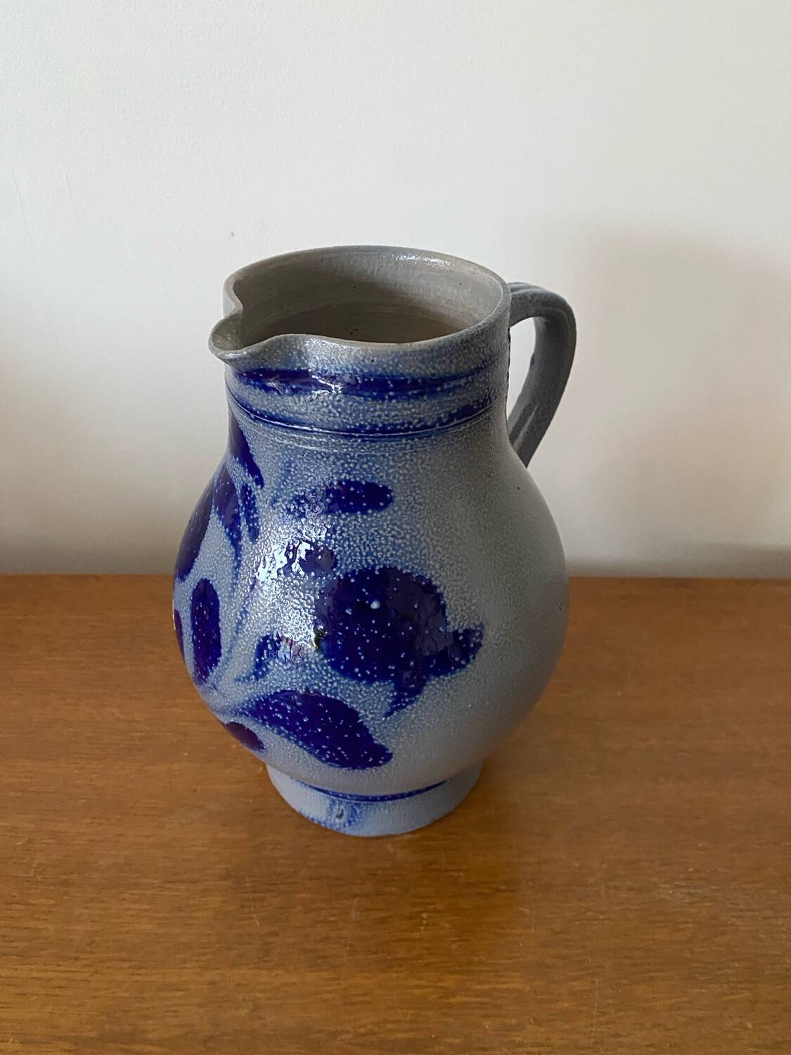 Antique Blue Stoneware Pitcher Deco Flowers 2 Liters Vintage
