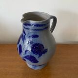 Ancien Pichet Grès Bleu Deco Fleurs 2 Litres Vintage