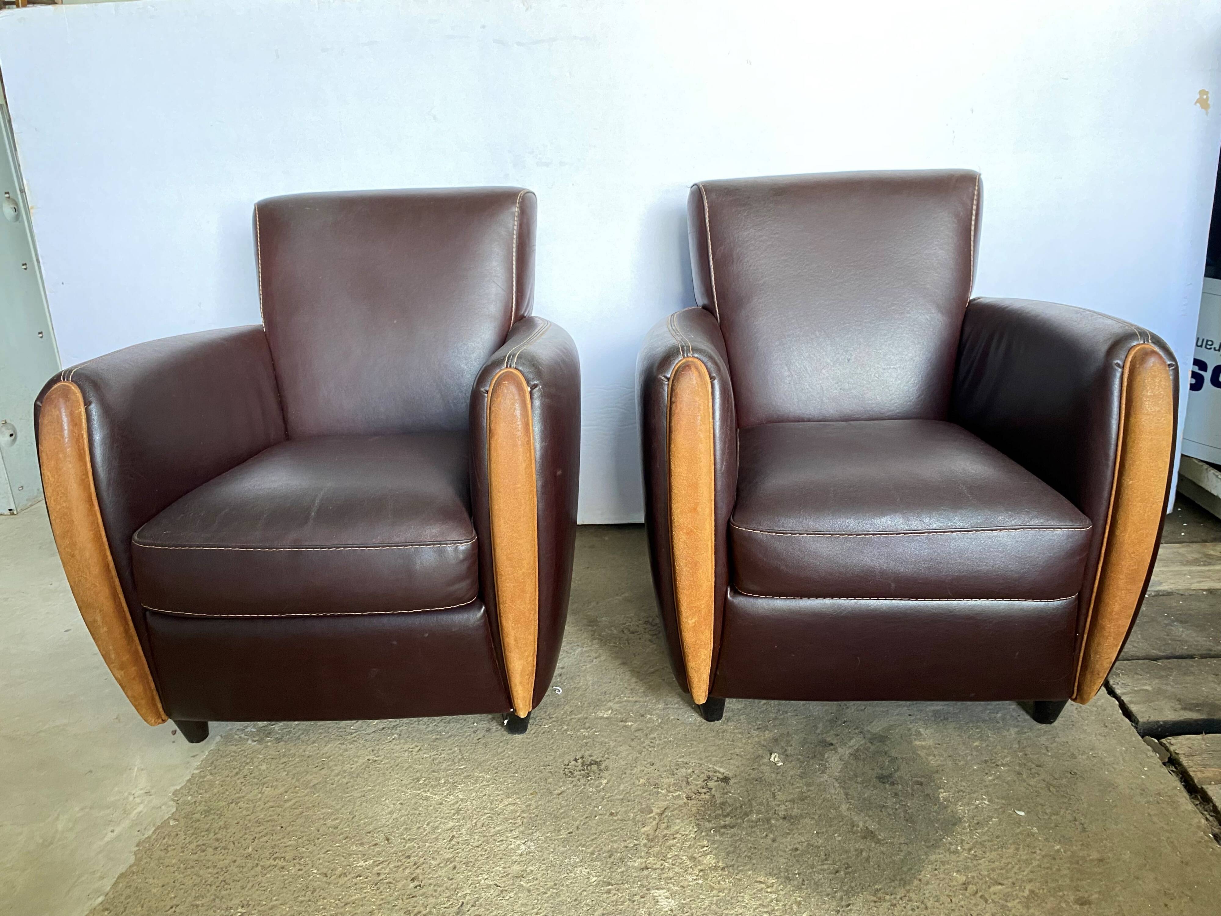 Pair of vintage brown leather club armchairs from the 70s