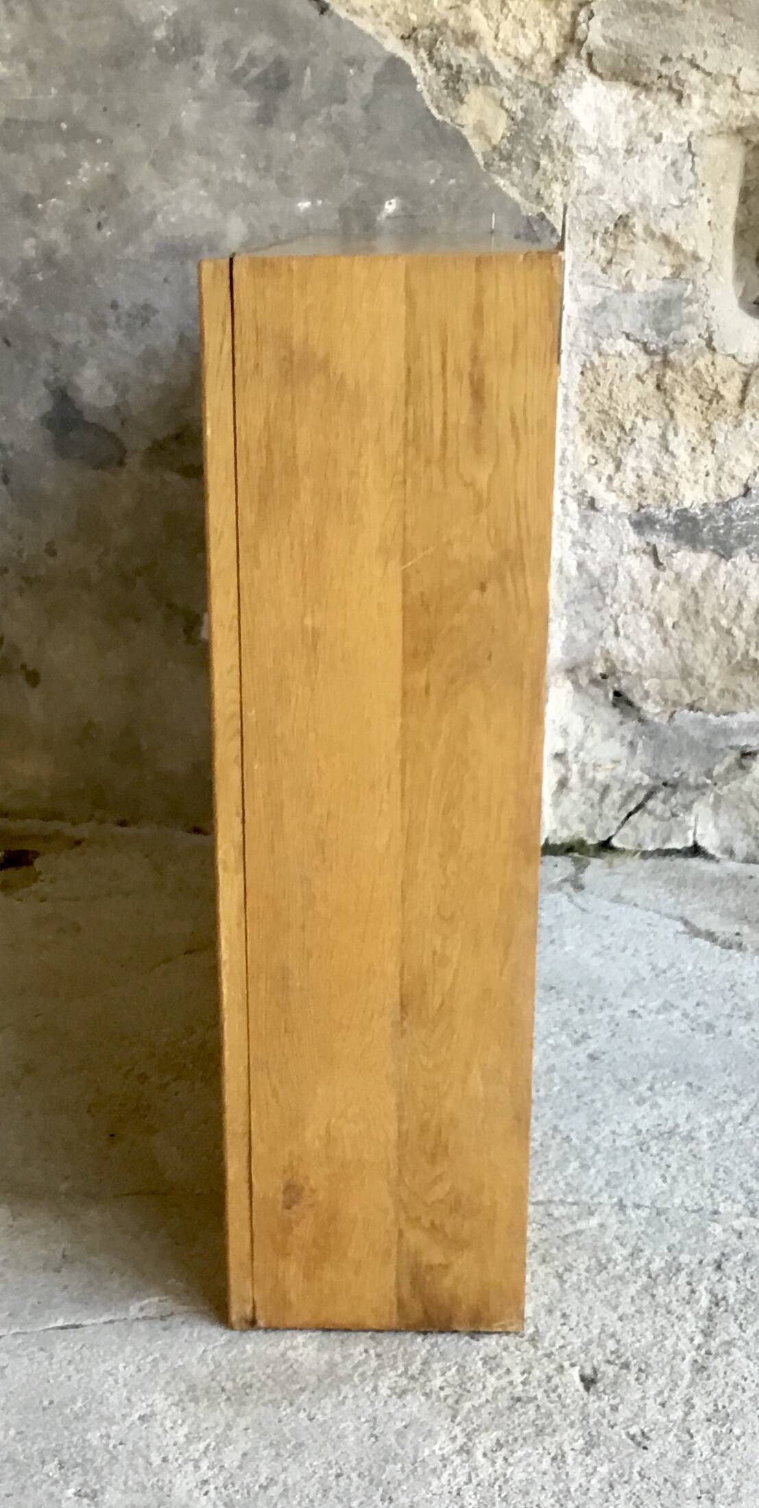 Large pharmacy wall display case in light oak - vintage 1960