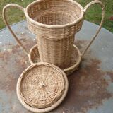 Basket shaped cup or vase with handles and wicker lid