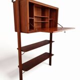 Small walnut and brass wall unit with desk function by William Watting