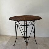 Vintage round table in woven rattan and black wrought iron – 1950s / 1960s