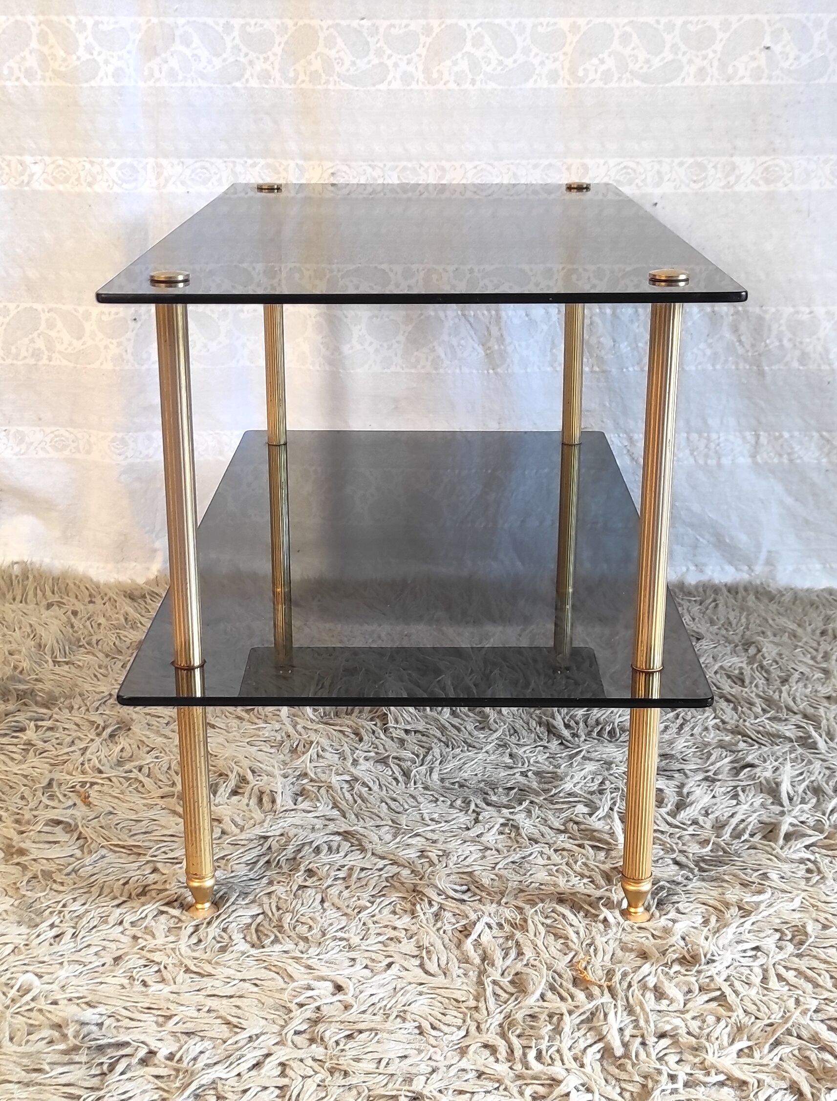 Coffee table in gilded metal and smoked glass – 60s
