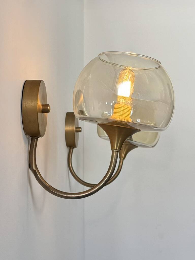 Pair of vintage wall lights in brass and smoked glass, France, 1970.