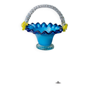 Coupe vintage en verre de Murano avec anse - bleue avec fleurs jaunes - design Mid-Century Italie années 1970 - art décoratif en verre, idée cadeau élégante