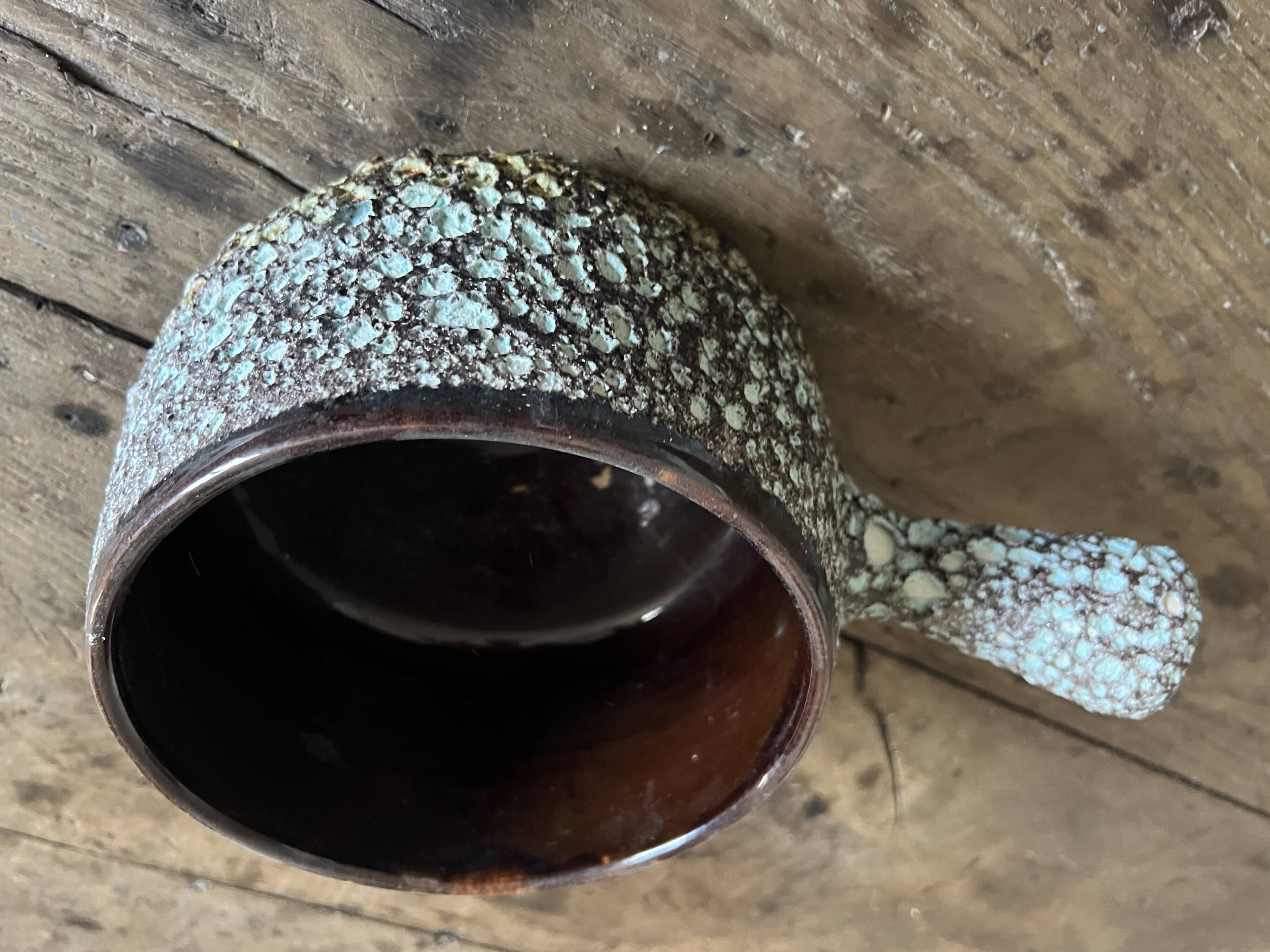 Vallauris ceramic pan – turquoise lava enamel – 1950s/1960s