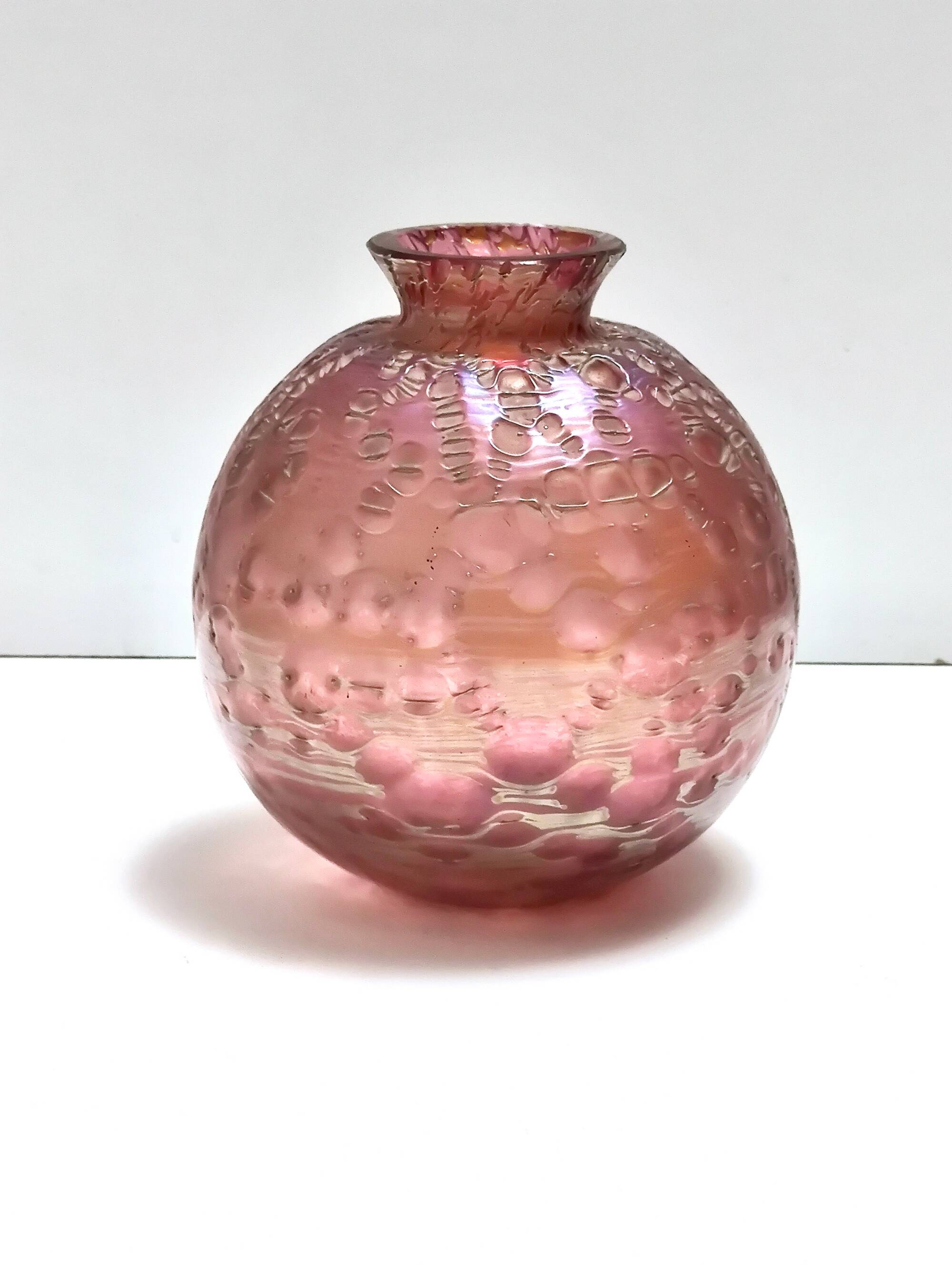 Pink Iridescent Etched Blown Glass Vase "Diaspora" by Loetz