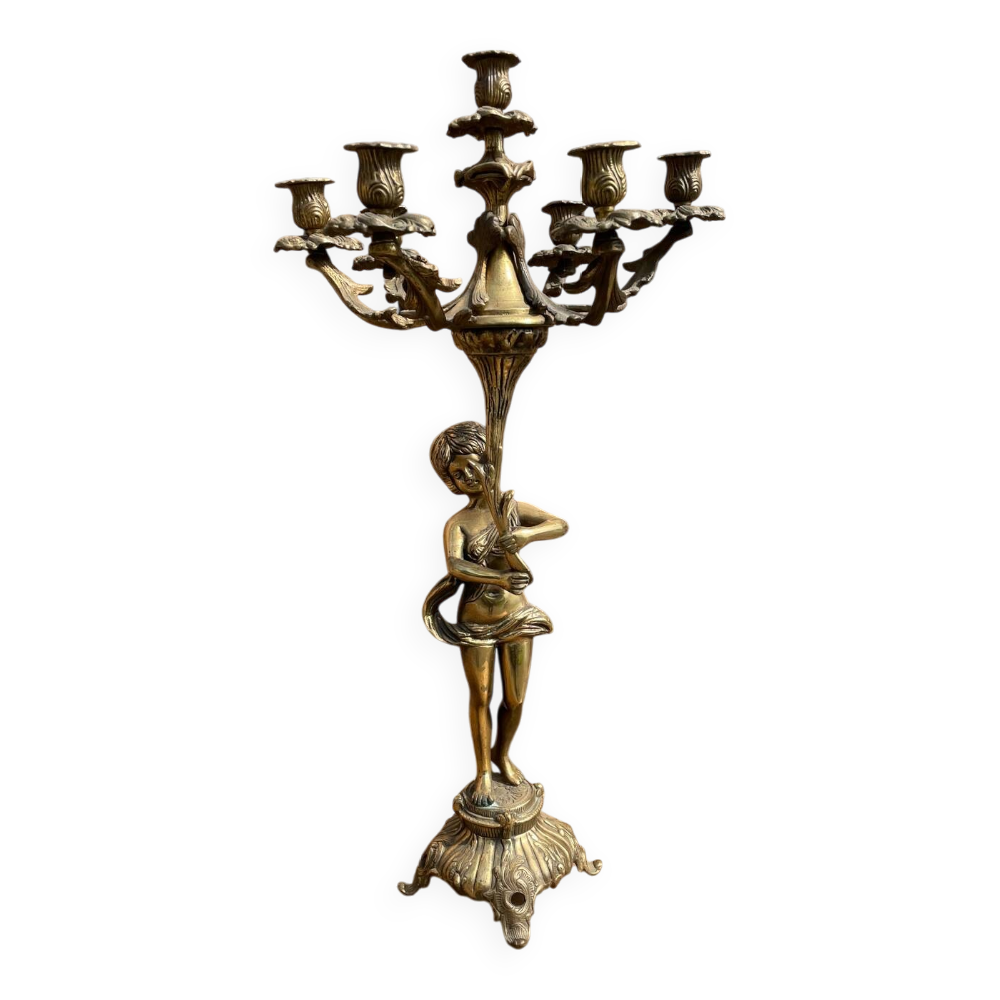 Large bronze candle holder with putti angel
