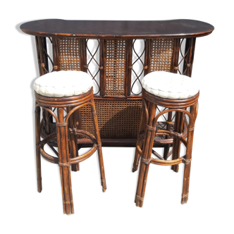 Rattan bar & 2 vintage high chairs