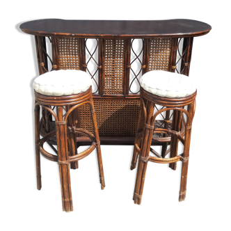 Bar rotin & 2 chaises hautes vintage